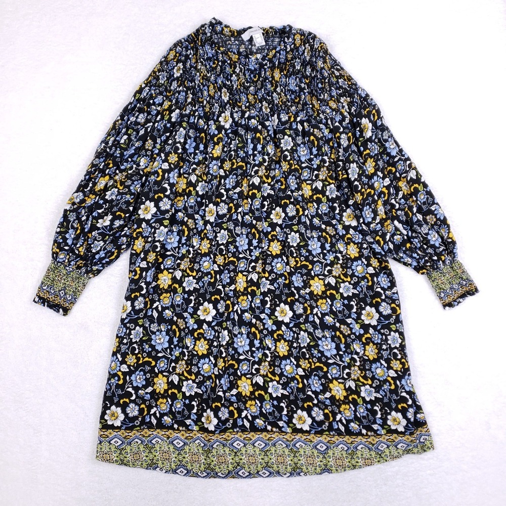 Forever 21+ Smocked‎ Floral Mini Dress 2X Plus Size Long Sleeve Boho Black Blue
